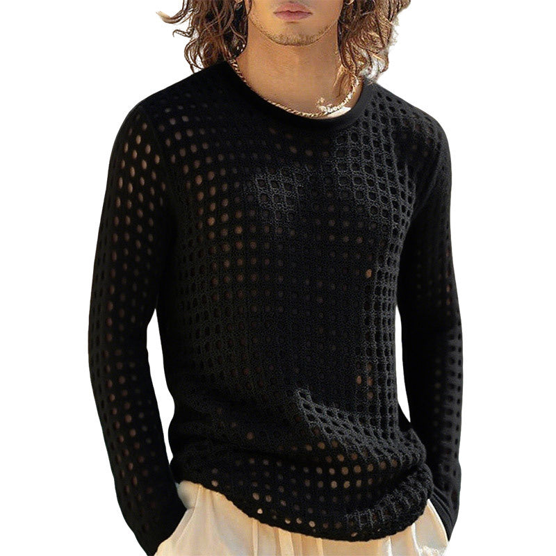 Herren nan luftiger durchbrochener Strickpullover mit quadratischem Netzmuster und Rundhalsausschnitt Echo Archiv