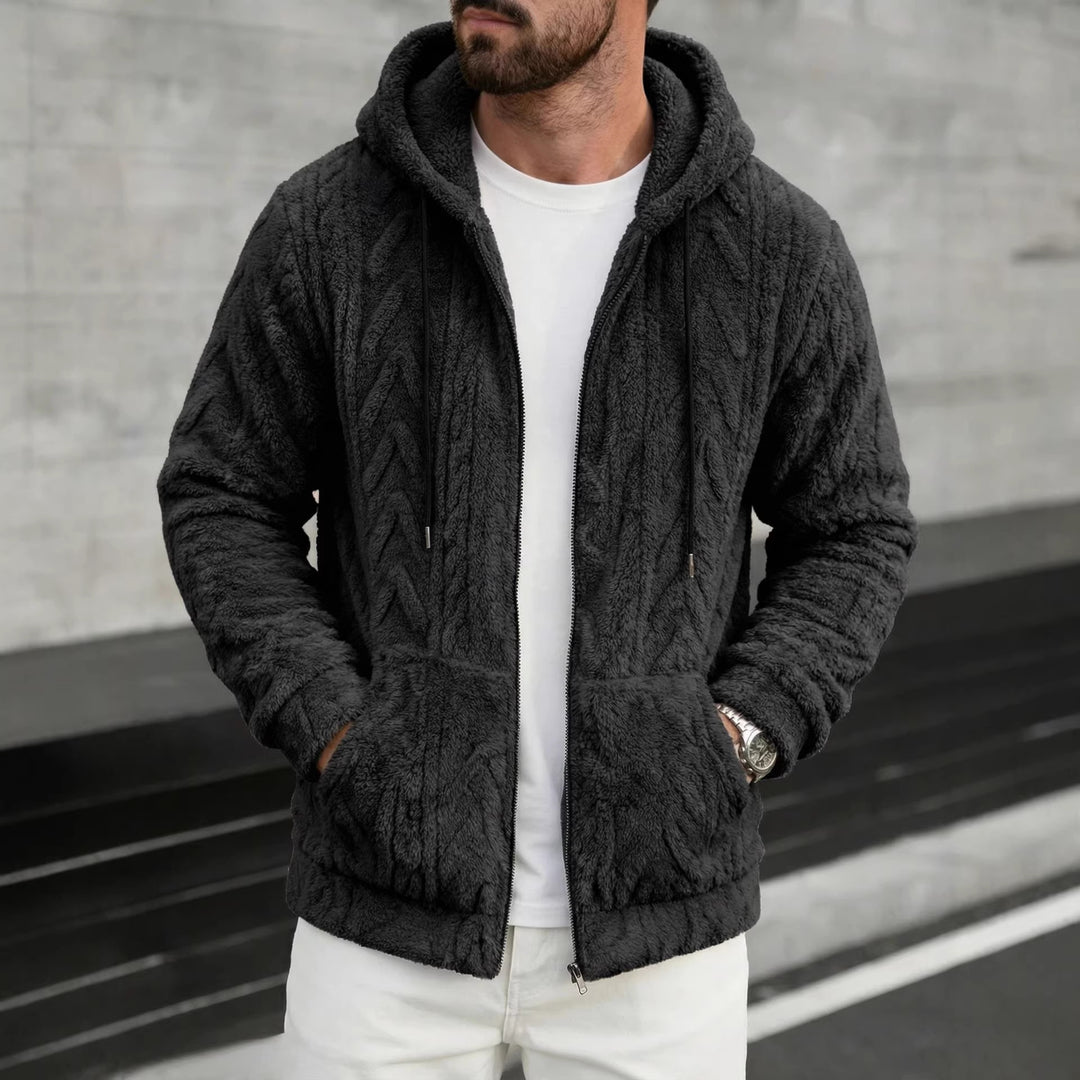 Herren kuschelige Kapuzenjacke aus Teddyfleece mit durchgehendem Reißverschluss und Kängurutaschen – Cavarno