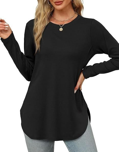 Damen Lässiges Longsleeve-Tunikaoberteil mit Rundhalsausschnitt, Seitenschlitzen und Aquarell-Blattprint Echo Archiv