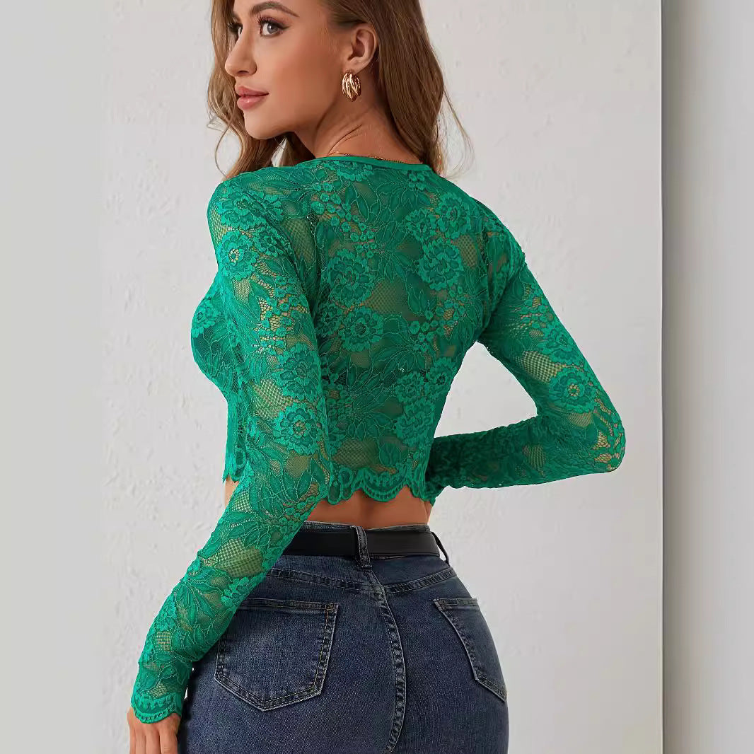 Damen nan kurz geschnittenes florales Spitzen-Crop-Top mit Rundhalsausschnitt, langen Ärmeln und gewelltem Saum Echo Archiv