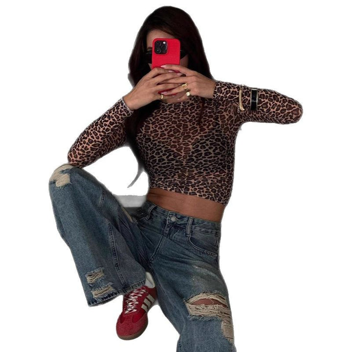 Damen Modisches, figurbetontes Langarm-Crop-Top mit Leo-Muster Echo Archiv