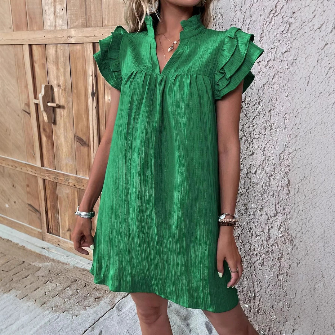 Damen Crinkle-Minikleid mit Stehkragen, V-Ausschnitt und Volantärmeln – Élara