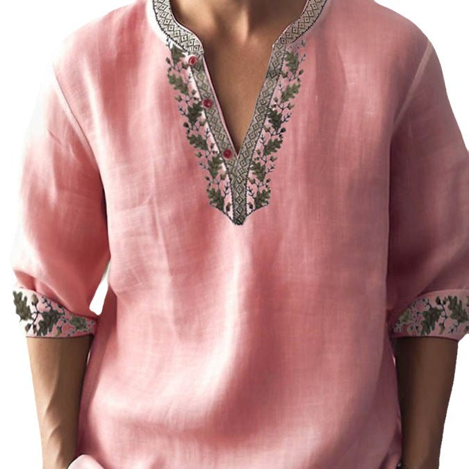 Herren Leinenbluse mit extravagantem Blumenmuster und eleganten Knopfdetails Echoarchiv
