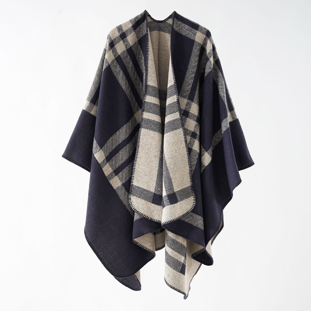 Damen Oversize-Webponcho im kastigen Kimono-Fall mit geometrischer Karo-Struktur Echo Archiv