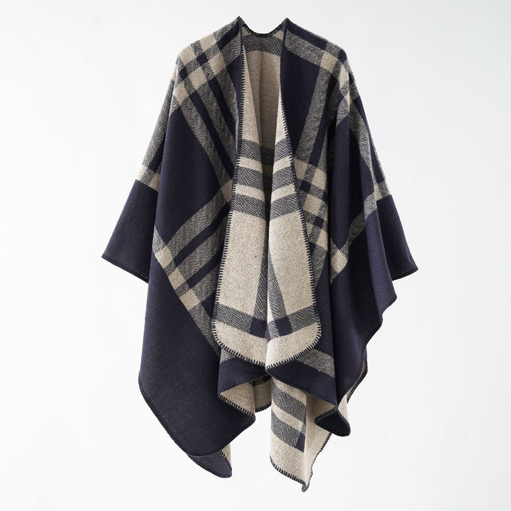 Damen Oversize-Webponcho im kastigen Kimono-Fall mit geometrischer Karo-Struktur Echo Archiv