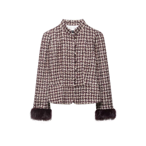 Damen Kurze Bouclé-Tweedjacke mit Stehkragen und Kunstpelzmanschetten Echo Archiv