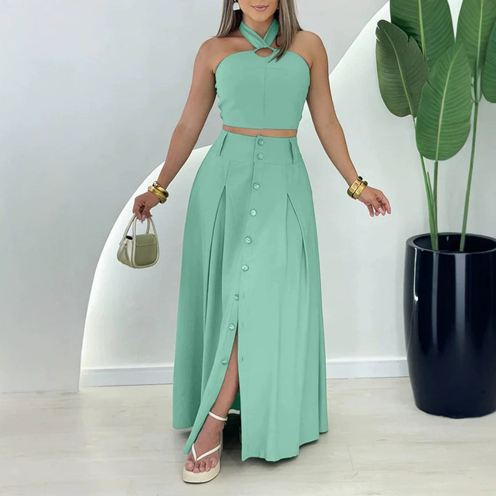 Damen elegantes Crop-Top und Maxirock-Set mit Knopfleiste und Schlitz Echo Archiv