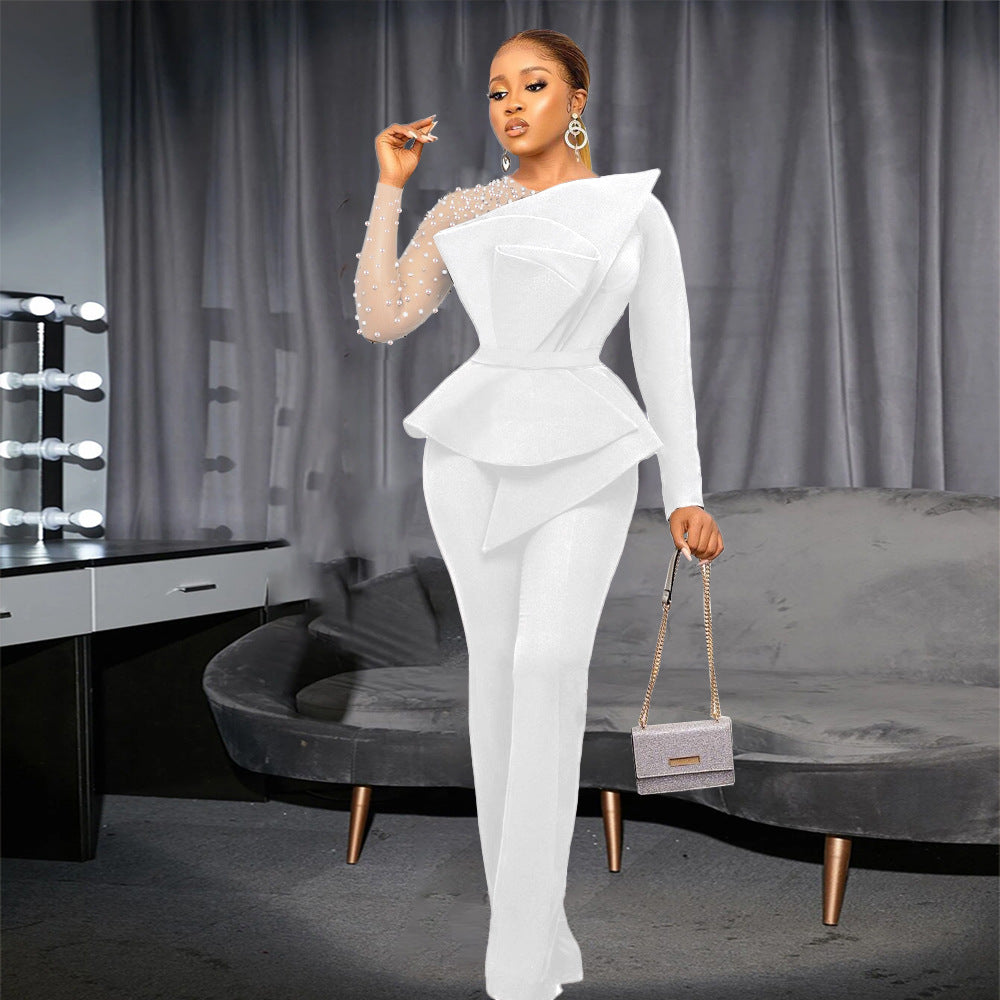 Damen eleganter Jumpsuit mit asymmetrischem Oberteil und raffiniertem Rüschendesign Echo Archiv