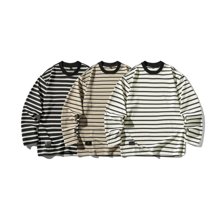 Unisex Gestreiftes Oversize-Langarmshirt aus Baumwollmix mit geripptem Rundhals Echoarchiv