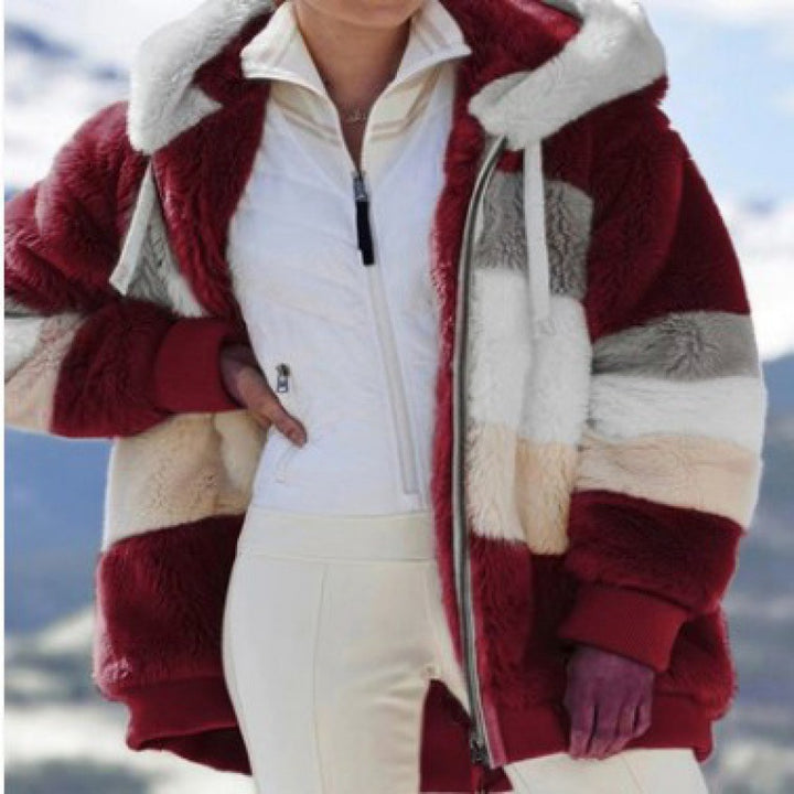 Damen Gestreifte Oversize-Teddyjacke mit Kapuze, Reißverschluss und Rippbündchen Echo Archiv