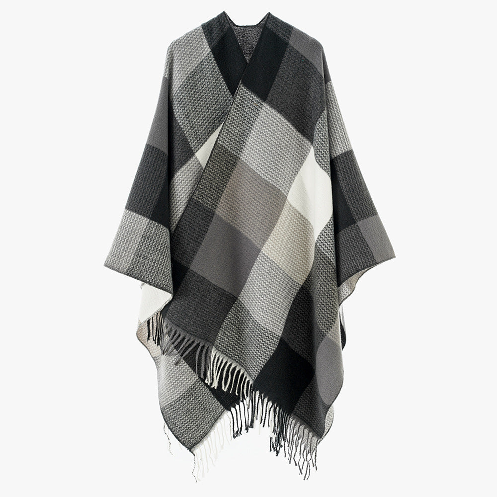 Damen Weichfallender Oversize-Poncho im Plaid-Webmuster mit V-Kragen und Fransensaum Echo Archiv