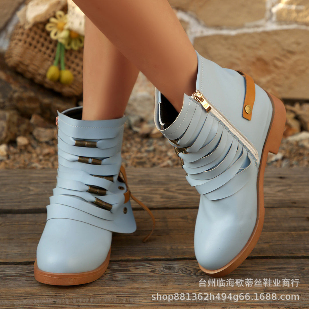 Damen Fransen-Ankle-Boots mit geschichteten Riemen und seitlichem Reißverschluss – Varelle