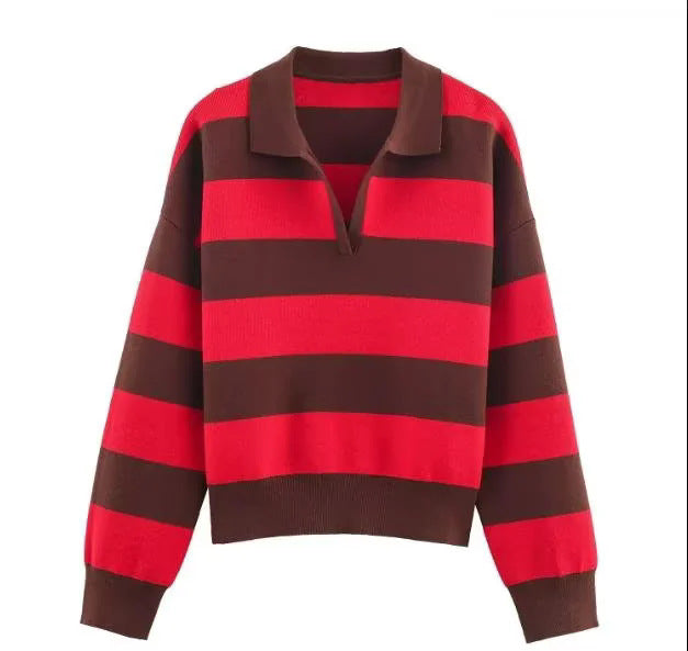 Damen nan oversized Rugby-Pullover mit Polokragen, V-Ausschnitt und breiten Streifen Echo Archiv
