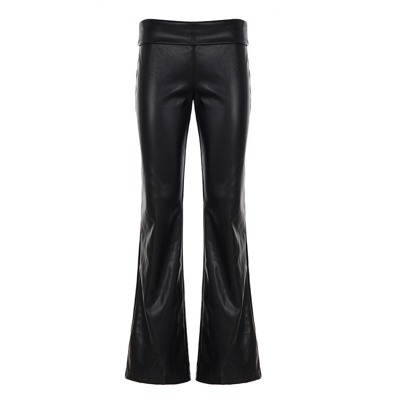 Damen High-Waist Schlaghose aus veganem Leder mit umgeschlagenem Bund – Avélisse
