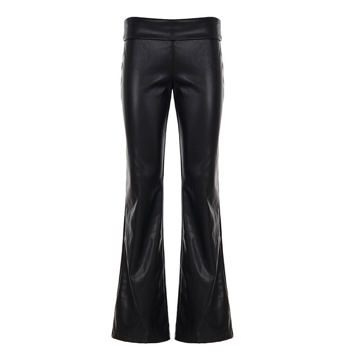 Damen High-Waist Schlaghose aus veganem Leder mit umgeschlagenem Bund – Avélisse