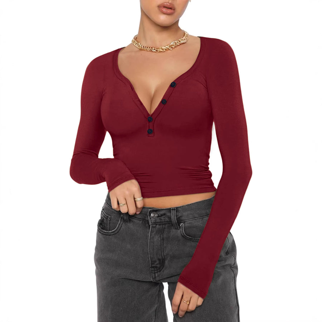 Damen nan figurbetontes geripptes Longsleeve mit Henley-Knopfleiste und tiefem V-Ausschnitt Echo Archiv