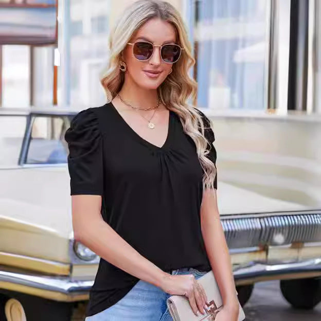 Damen V-Ausschnitt T-Shirt mit Puffärmeln Echo Archiv
