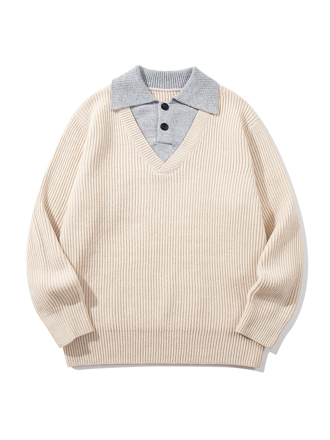 Herren Gerippter Strickpullover mit Polokragen‑Einsatz und tiefem V‑Ausschnitt Echoarchiv