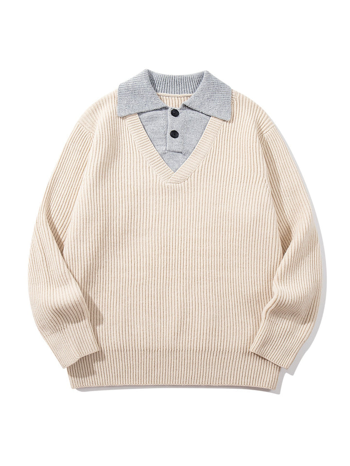 Herren Gerippter Strickpullover mit Polokragen‑Einsatz und tiefem V‑Ausschnitt Echoarchiv