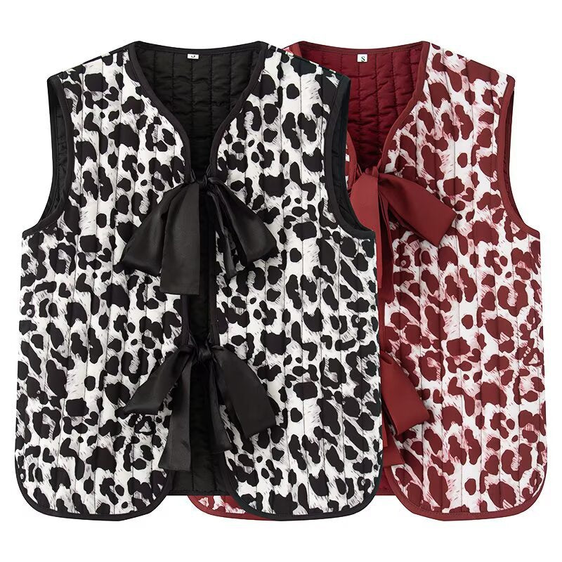 Damen nan gesteppte Weste mit dekorativem Schleifenverschluss und modischem Animalprint Echo Archiv