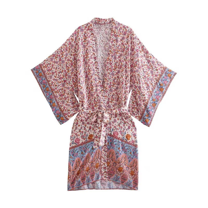 Damen Kurzer Boho-Kimono-Morgenmantel mit Bindegürtel und breiten Kimonoärmeln Echoarchiv