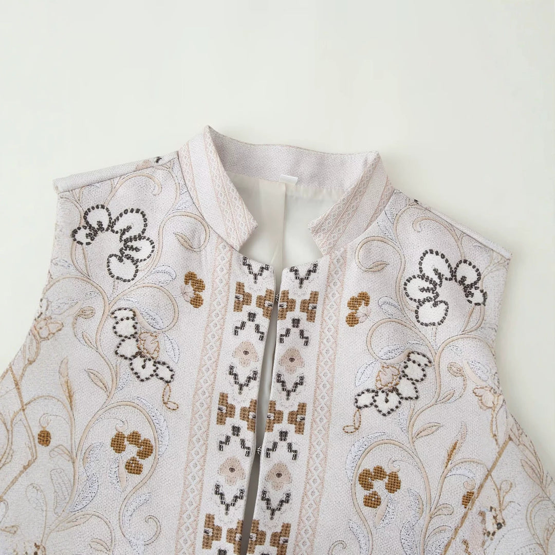 Damen bestickte Kurzjacke mit Mandarinkragen und floraler Ornamentstickerei Echo Archiv