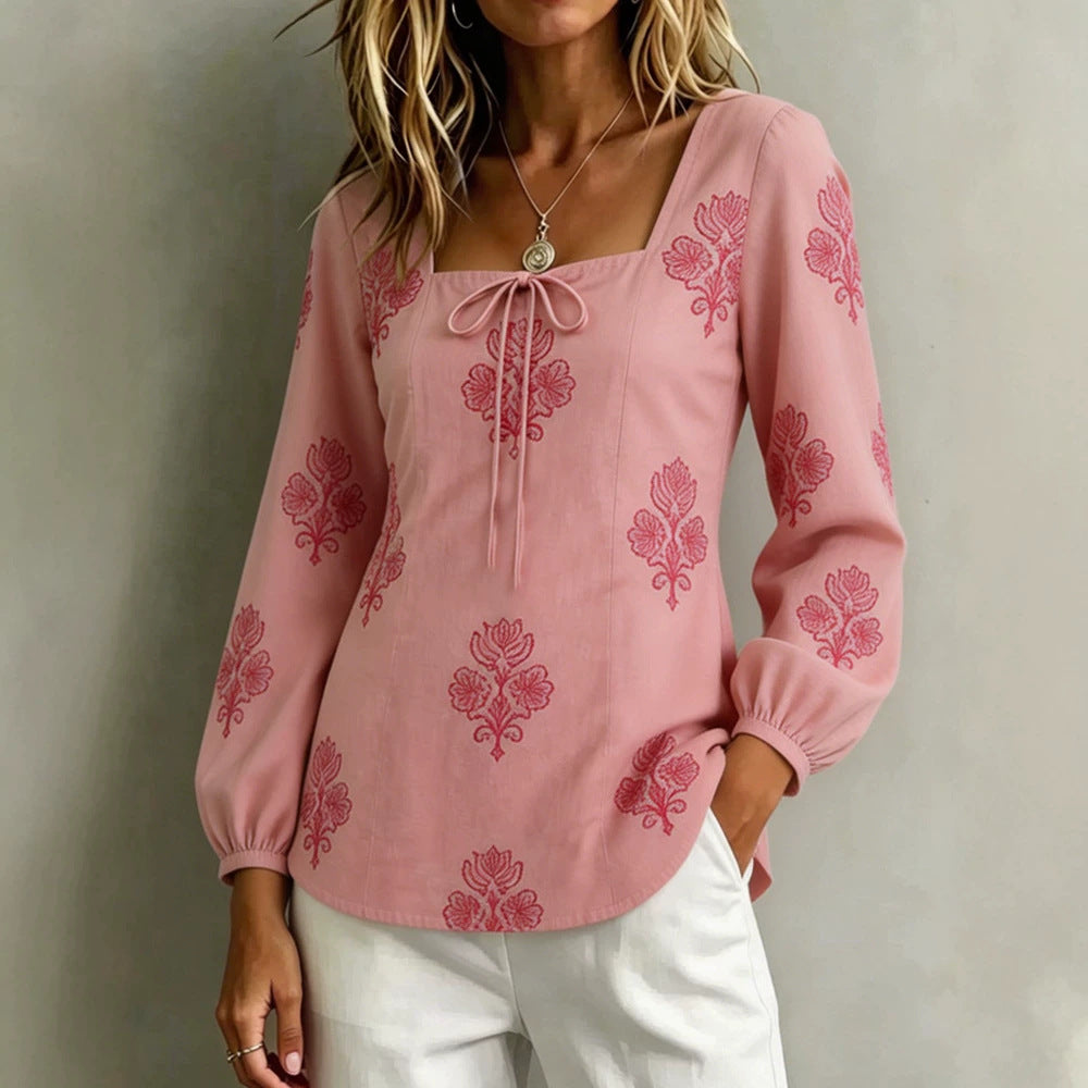 Damen Bestickte Tunika-Bluse mit quadratischem Ausschnitt und femininen Ballonärmeln – Élovi