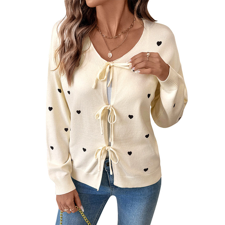 Damen Feinstrick-Cardigan mit dekorativen Schleifenverschlüssen und Herz-Motiv – Veloura