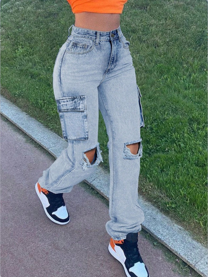 Damen High-Waist Cargo-Jeans mit geradem Bein, Knie-Rissen und seitlicher Klappentasche Echo Archiv
