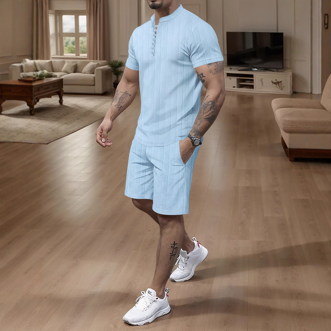 Herren modernes Kurzarm Jumpsuit mit aufgeknöpftem Stehkragen und strukturiertem Design Echoarchiv