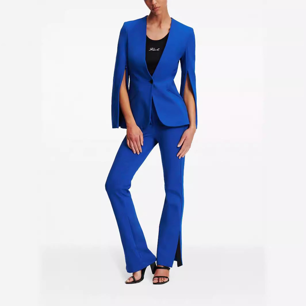 Damen Cape-Ärmel Tailoring-Blazer mit taillierter Silhouette und ausgestellter Hose mit Beinschlitz Echoarchiv