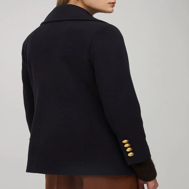 Damen Kurzer Zweireihiger Wollmix-Peacoat mit goldenen Zierrundknöpfen und taillierter Silhouette Echoarchiv