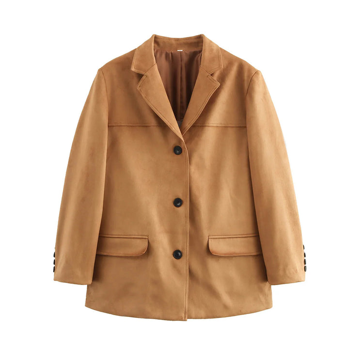 Damen kurzer Veloursleder Mantelblazer mit Reverskragen und aufgesetzten Pattentaschen – Célinea