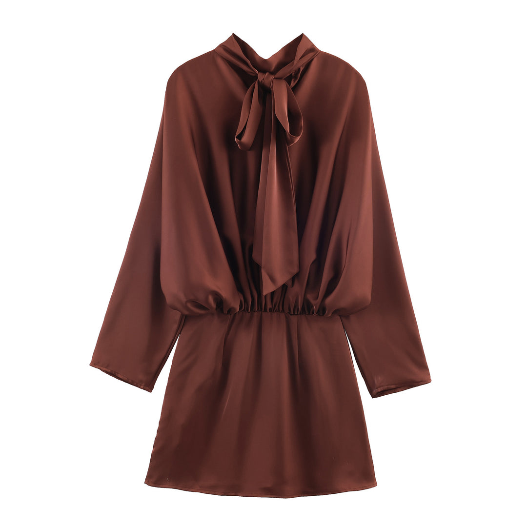 Damen elegantes Satin-Minikleid mit Schleifenkragen, Ballonärmeln und elastischer Taille – Élara