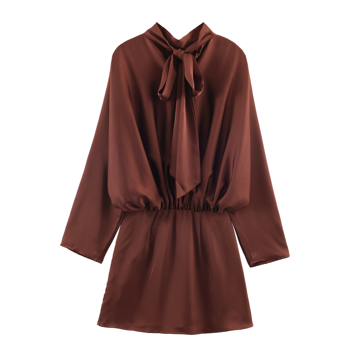 Damen elegantes Satin-Minikleid mit Schleifenkragen, Ballonärmeln und elastischer Taille – Élara