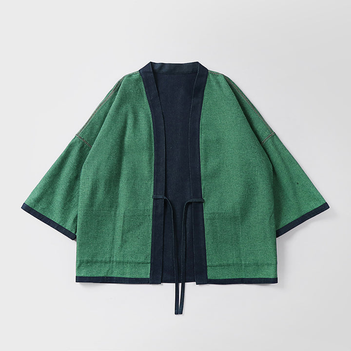 Unisex weit geschnittene Kimono-Jacke aus Baumwoll-Denim mit Bindeband und großen Aufgesetzten Taschen Echoarchiv
