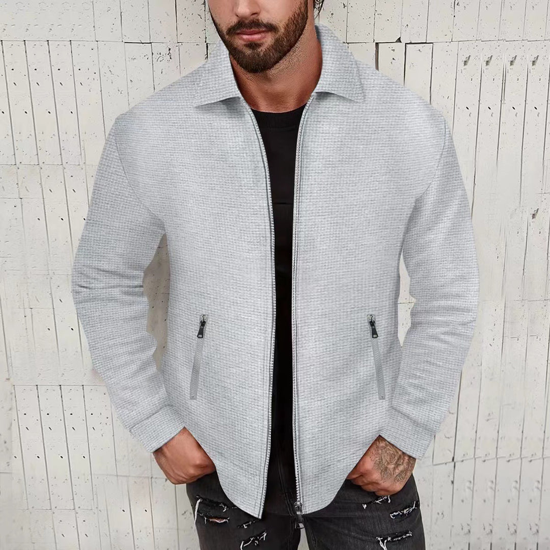 Herren Leichte Struktur-Reißverschluss-Übergangsjacke mit Kentkragen und Reißverschlusstaschen Echoarchiv