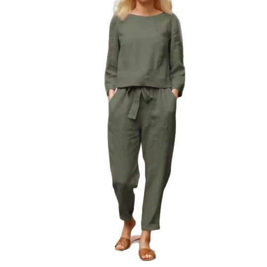 Damen Lässiges Leinen-Loungewear-Set mit Rundhalsausschnitt, Bindegürtel und knöchellanger Hose – Élanora