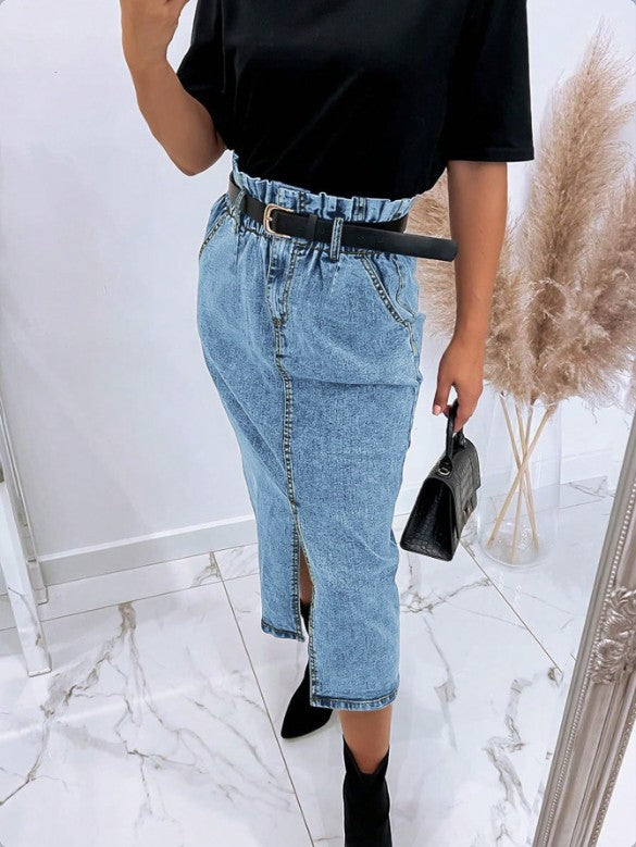Damen Hochtaillierter Paperbag-Denim-Midirock mit Frontschlitz und Bindegürtel Echo Archiv