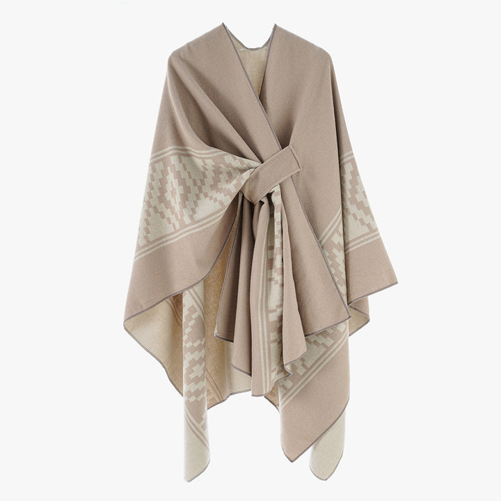Damen Jacquard‑Ruana mit Bindegürtel und geometrischem Muster – Avérine