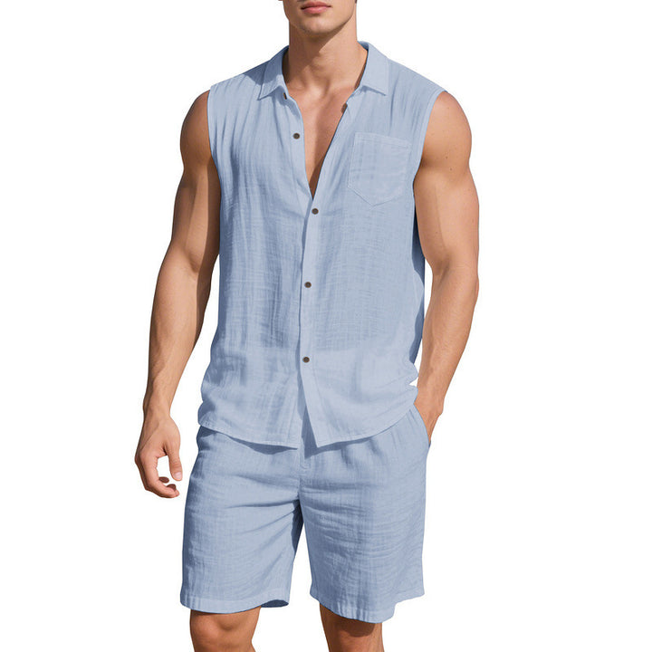Herren lässiges Sommer-Outfit mit Hemd ohne Ärmel und Shorts Echoarchiv