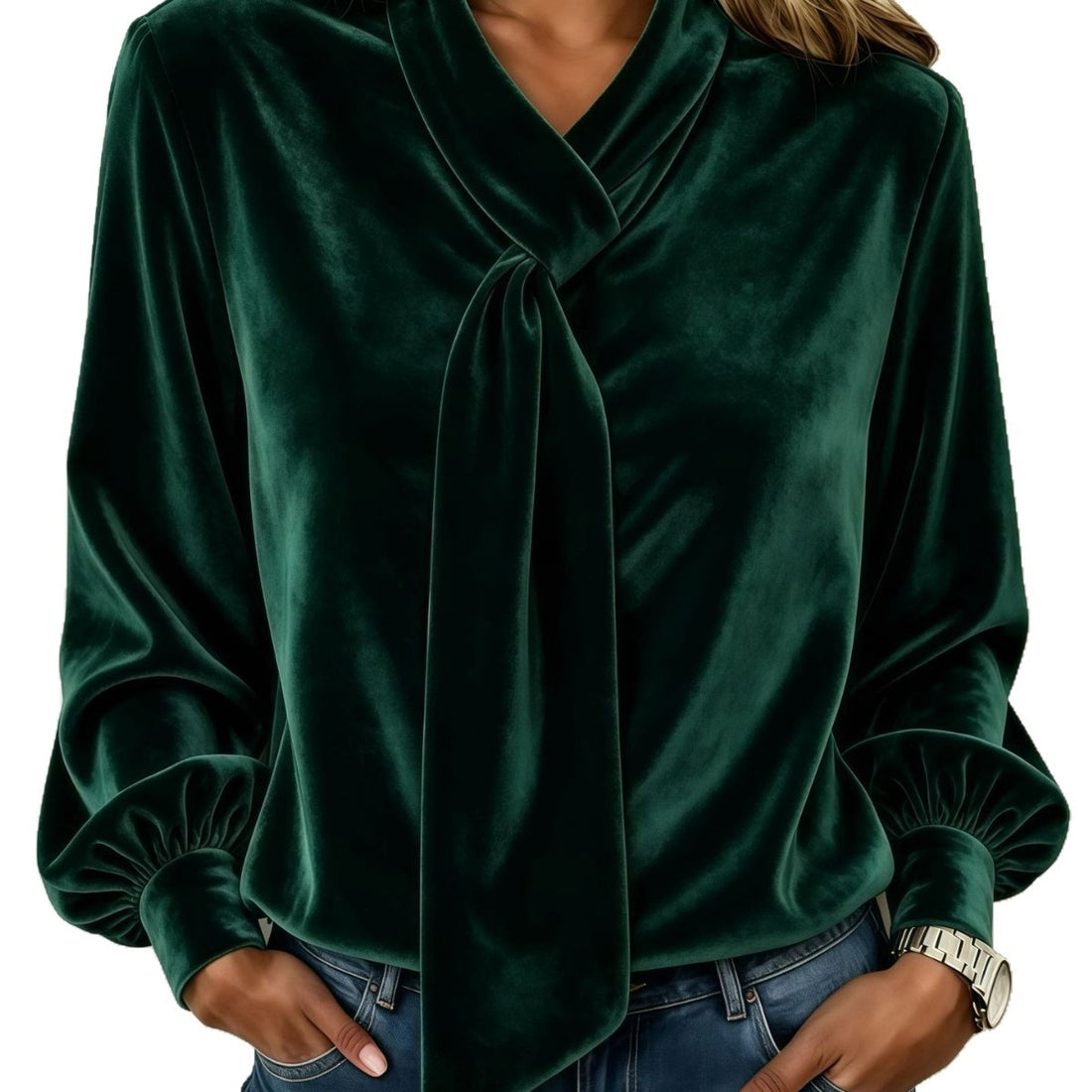 Damen Samtbluse mit Schluppe, Ballonärmeln und gerafften Manschetten Echo Archiv