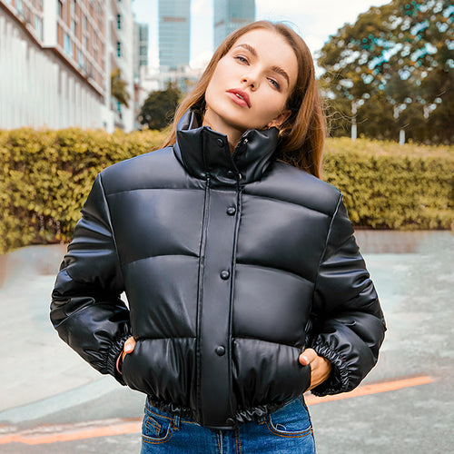 Damen nan kurze taillierte Steppjacke aus veganem Leder mit hohem Stehkragen und elastischem Saum Echo Archiv