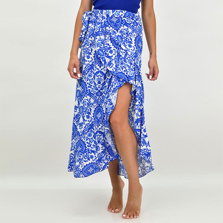 Damen Wickel-Midirock mit ornamentalem Print, Bindegürtel & Volantsaum Echoarchiv