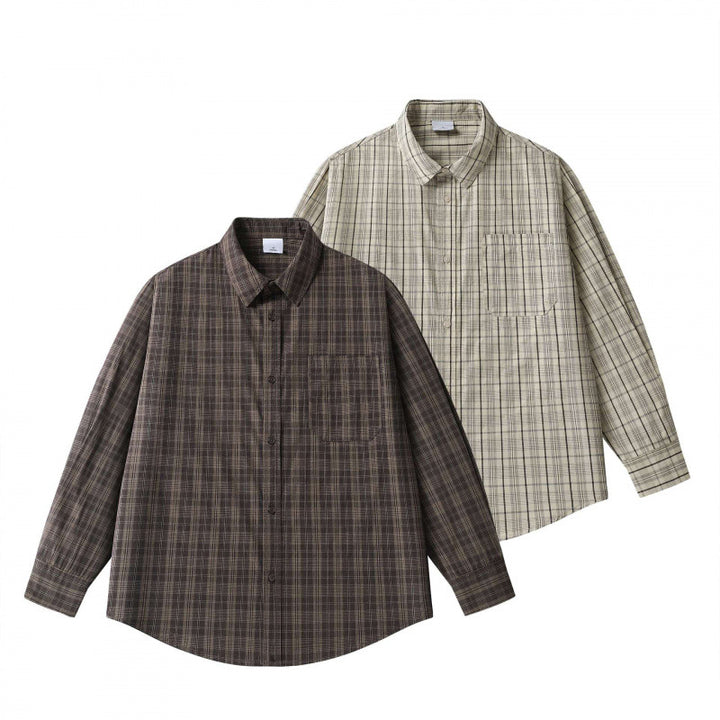 Unisex Lockeres Kastenförmiges Karo-Overshirt aus leichter Baumwollmischung mit Rückpasse und Kräusel-Detail Echo Archiv