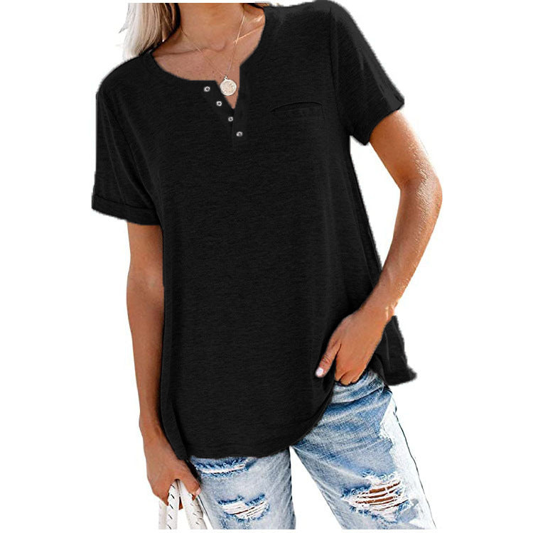 Damen hochwertiges T-Shirt mit Knopfdetail und lockerem Schnitt Echoarchiv