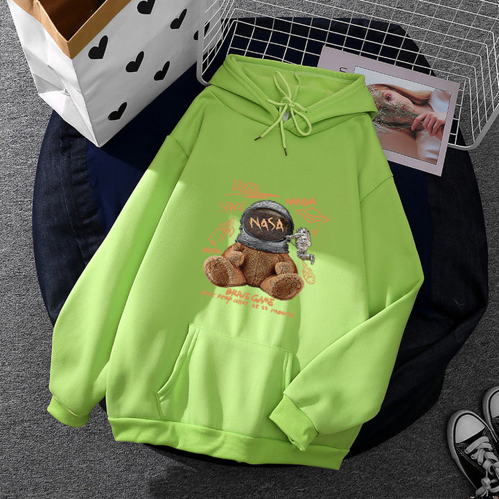 Damen lässiger Hoodie mit Astronauten‑Teddy‑Print, Kängurutasche und weichem Fleece-Innenfutter – Auréline