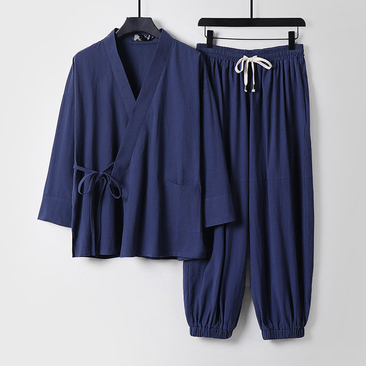 Unisex Entspanntes Kimono-Set mit Wickeljacke, dreiviertelärmeln und elastischer Kordelharemshose Echoarchiv