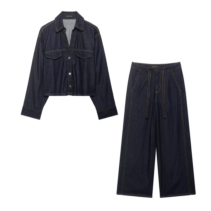 Damen Denim-Zweiteiler mit Cropped-Workerjacke und weiter High‑Waist-Hose Echo Archiv