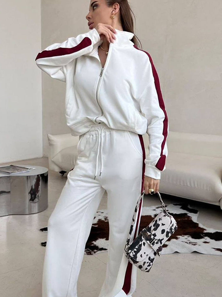 Damen Relaxed-Loungewear-Set mit kurzem Zip-Hoodie und weiter Palazzo-Jogginghose mit Seitenpaspel – Avérine